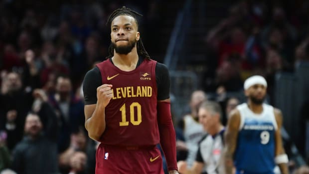 Mar 8, 2024; Cleveland, Ohio, USA; Cleveland Cavaliers guard Darius Garland (10) reacts after a basket during the second half against the Minnesota Timberwolves at Rocket Mortgage FieldHouse. Mandatory Credit: Ken Blaze-USA TODAY Sports